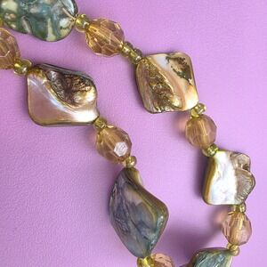 Natural Shell and Amber Glass Bead Stretch Bracelet Green Brown Iridescent Boho